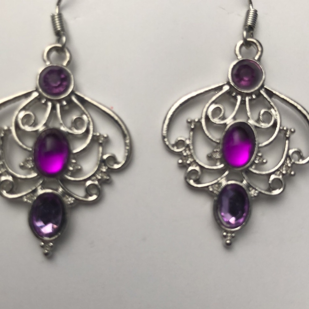 Earrings Purple Rhinestone East Indian Style Boho - Picture 6 of 6